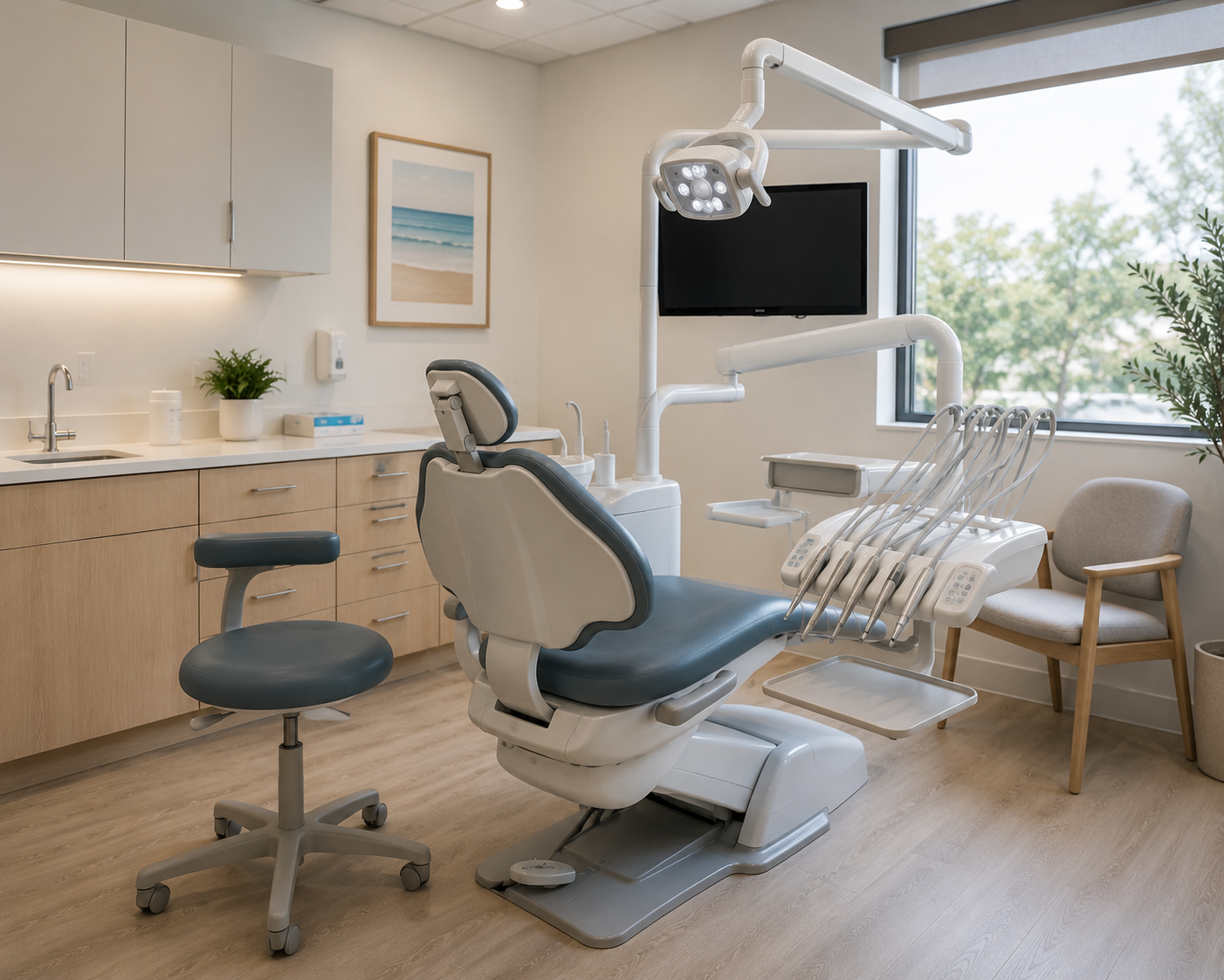 Treatment room — clean, modern dental chair with ceiling TV