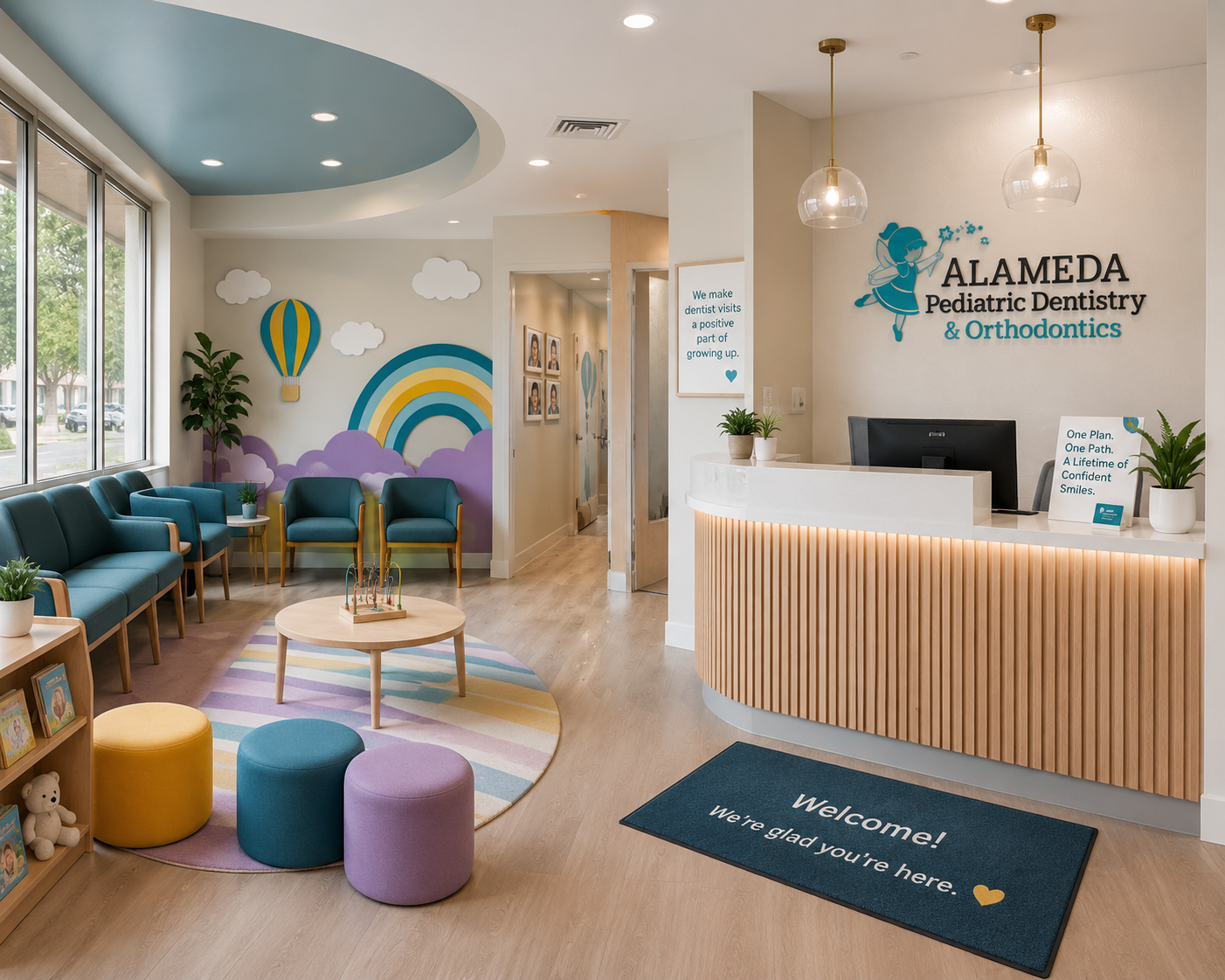 Waiting area — colorful, welcoming lobby with rainbow mural