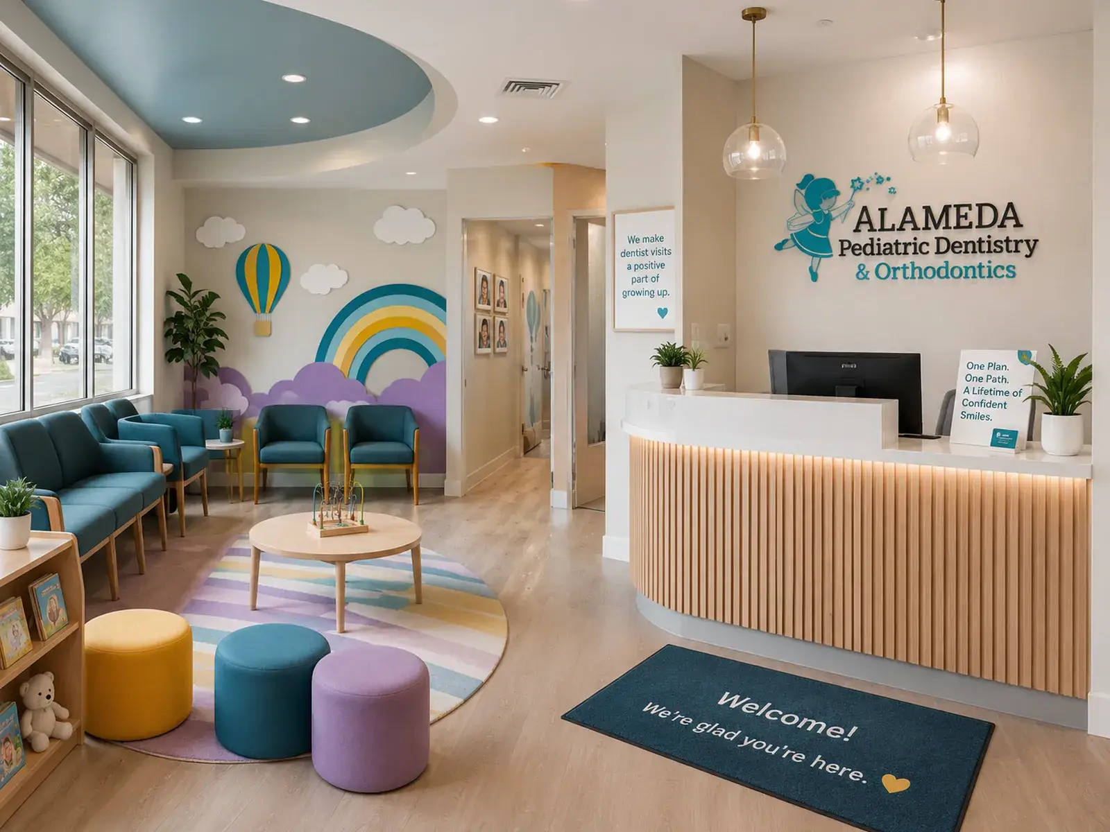 The colorful, kid-friendly waiting area and front desk at our Alameda office