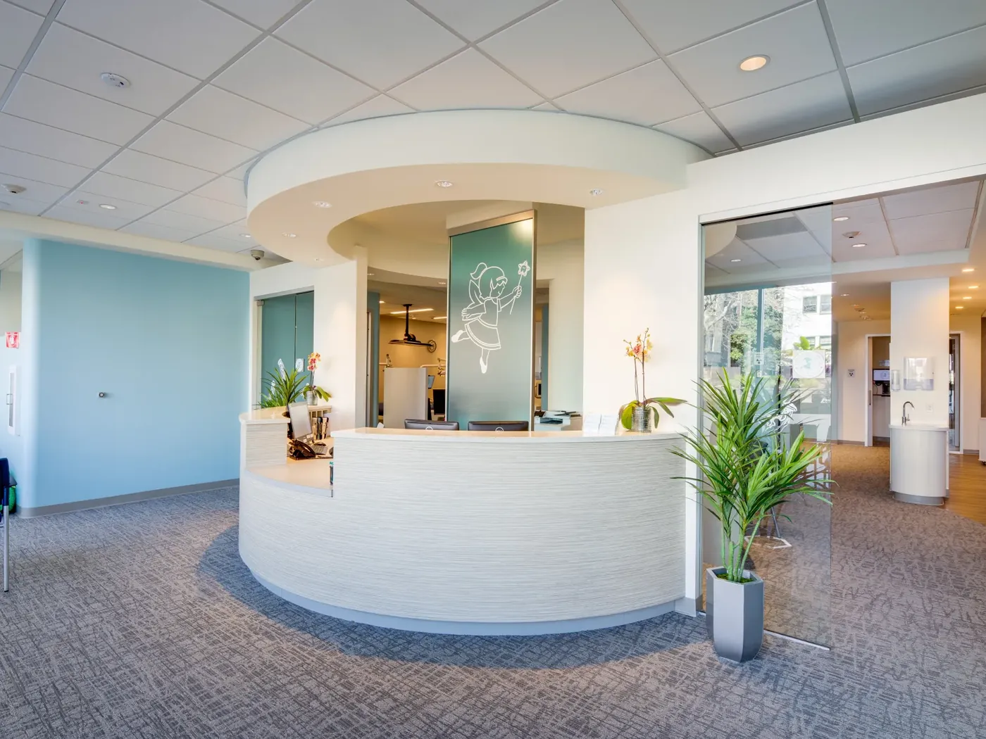 The curved Alameda front desk, with the practice's mascot etched in frosted glass behind it