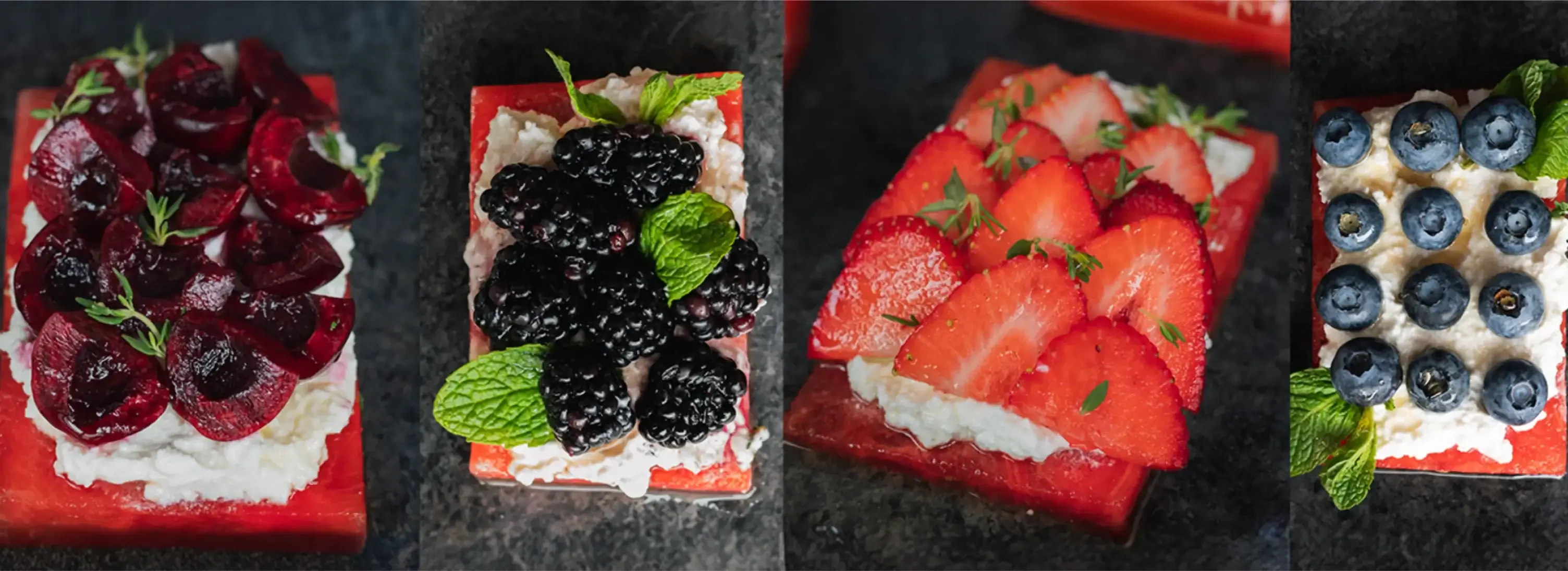 Four watermelon toast rectangles topped with farmer cheese and cherries, blackberries, strawberries, and blueberries